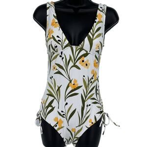 Swimsuit Classic Scrunch Floral One Piece in White Yellow and Green Print Size S